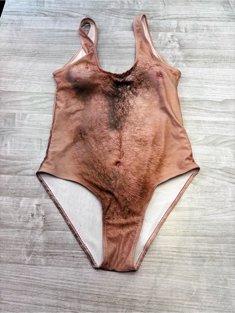 Women’s Tan One-Piece Swimsuit with Photoreal ShirtlessMan Print Size Small
